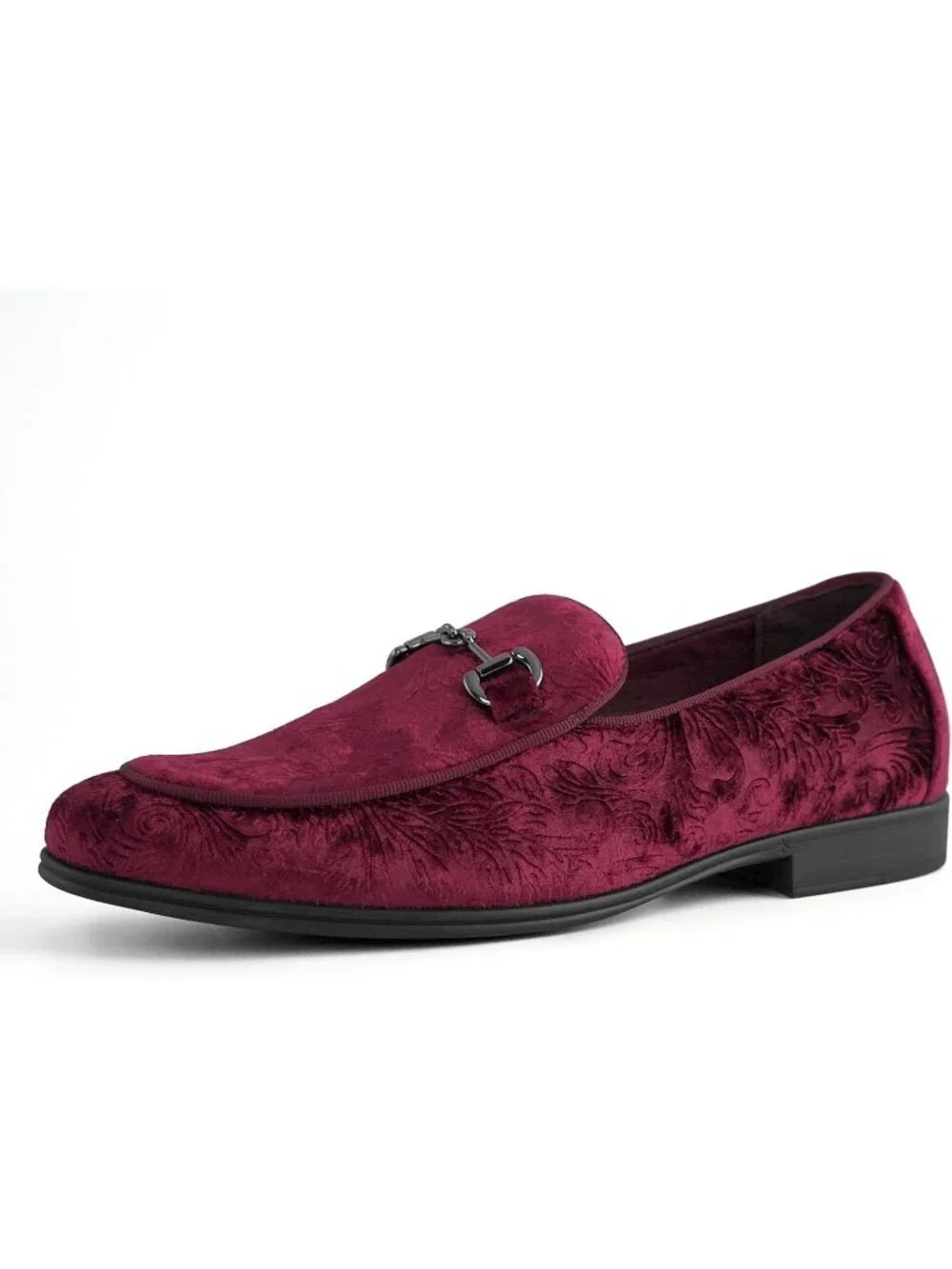 Rogers & Morris Men's Burgundy Velvet Loafers Metal Buckle Luxury Horsebit Shoes